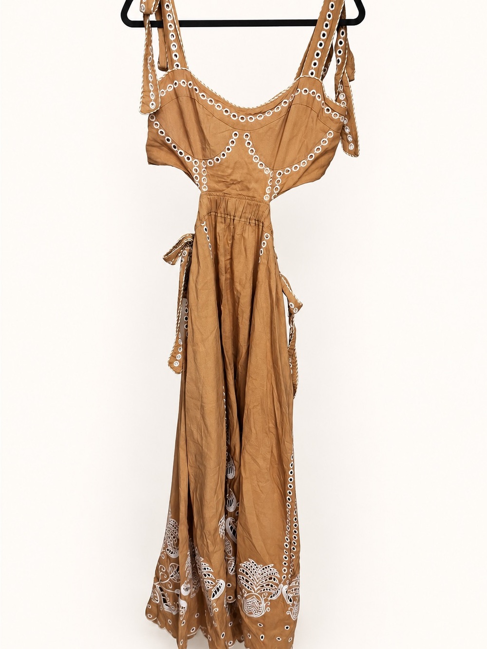FARM Rio Tan Maxi Dress with White Eyelet Embroidery